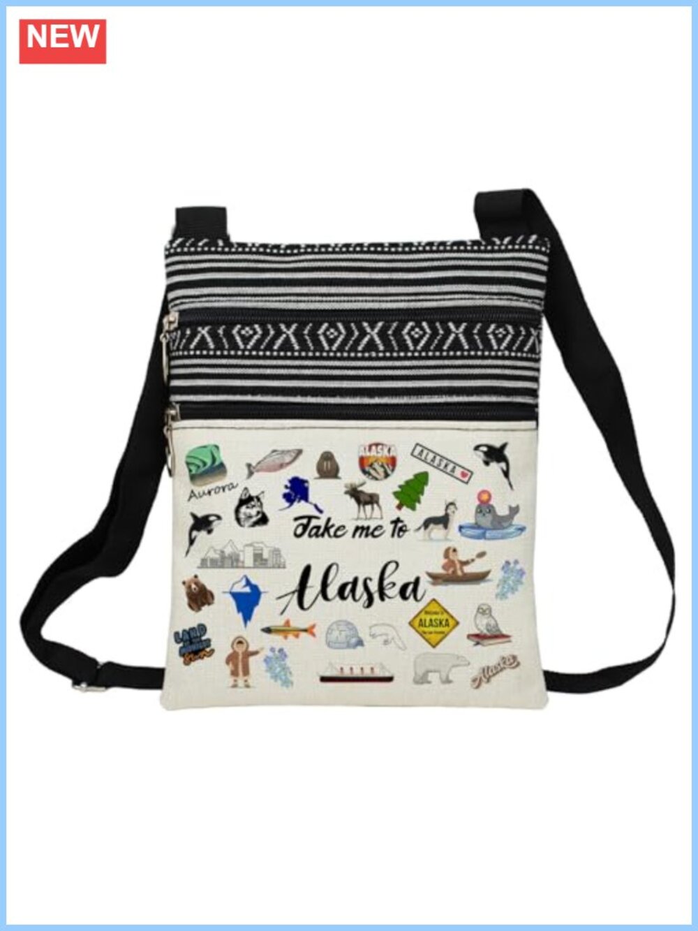 Ethnic Print Polyester Crossbody Bag Adjustable Strap Lightweight Travel Purse